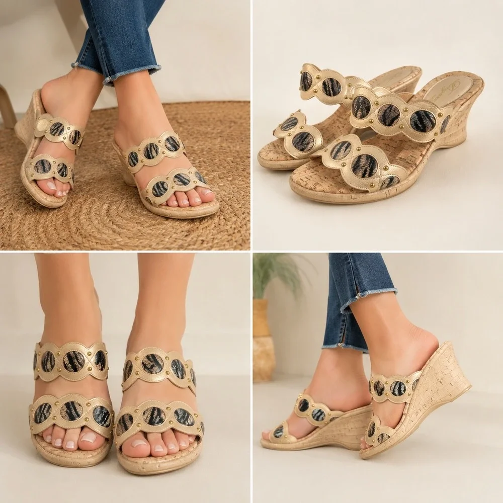 Dyancic Scalloped Animal Print Cork Wedge Slide Sandals Size 5 Tan Metallic
